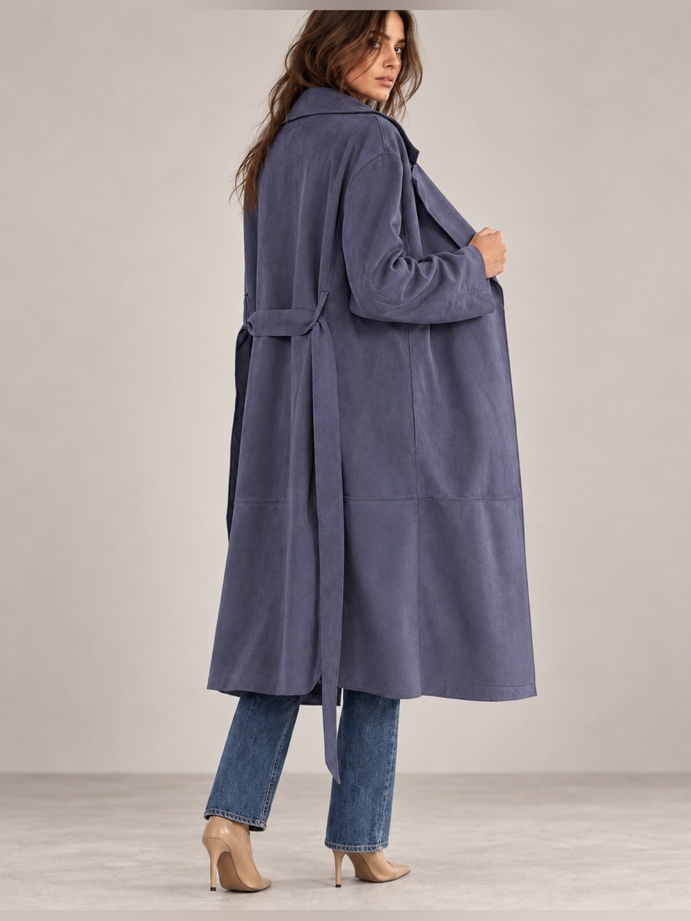 Long Belted Trench Coat in Slate Blue - Women's Jacket & Coat